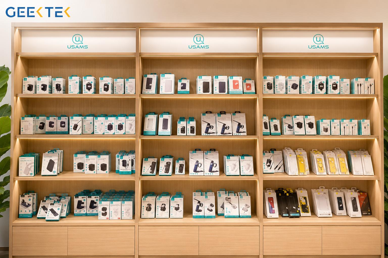 Không gian trưng bày USAMS tại GEEKTEK – hiện đại, trực quan và đầy đủ những phụ kiện công nghệ chính hãng được yêu thích nhất.